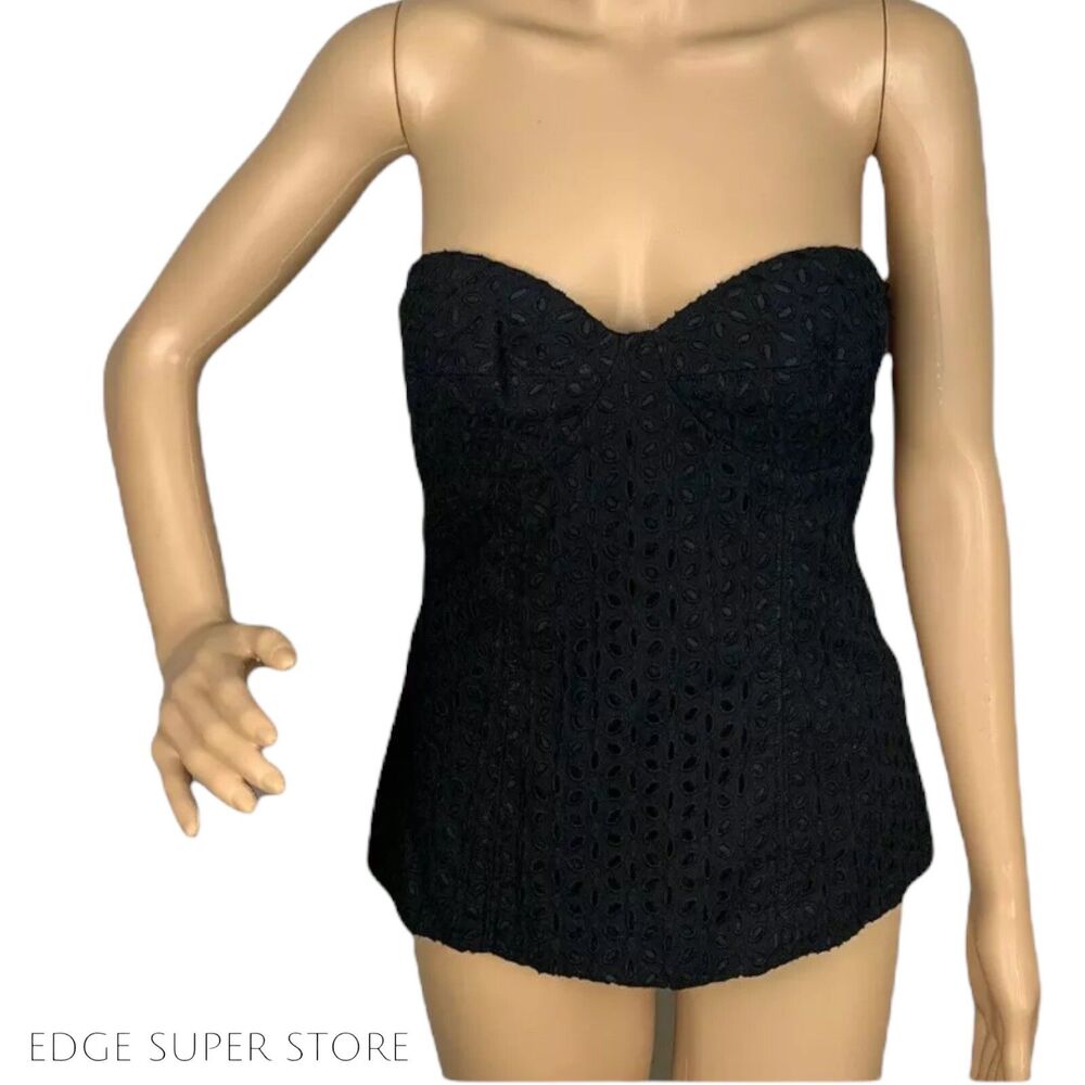 Tibi Black Laser Cut Floral Strapless Sweetheart Neck Cotton Blouse Top Size 6